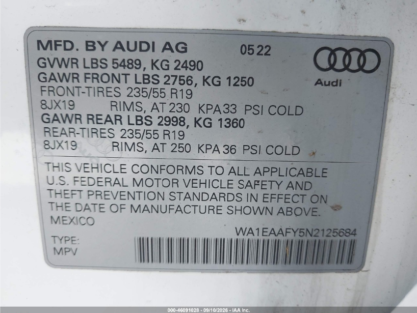 Audi Q5 PREMIUM PLUS 45 TFSI S LINE QUATTRO S TRONIC 2022