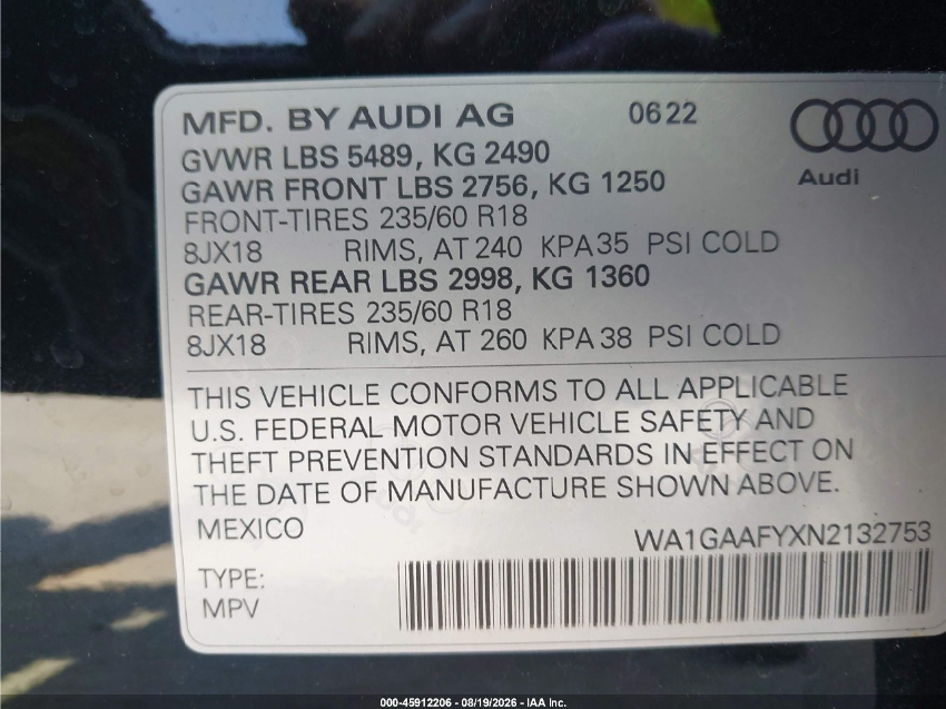 Audi Q5 PREMIUM 45 TFSI S LINE QUATTRO S TRONIC 2022